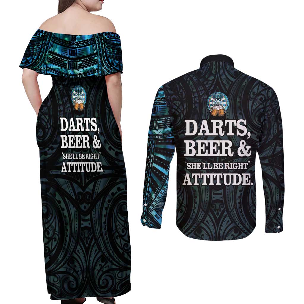 Personalized New Zealand Darts Beer Couples Matching Off Shoulder Maxi Dress and Long Sleeve Button Shirt Paua Shell Aotearoa Maori Tattoo - Aussie Hoodie