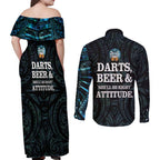 Personalized New Zealand Darts Beer Couples Matching Off Shoulder Maxi Dress and Long Sleeve Button Shirt Paua Shell Aotearoa Maori Tattoo - Aussie Hoodie