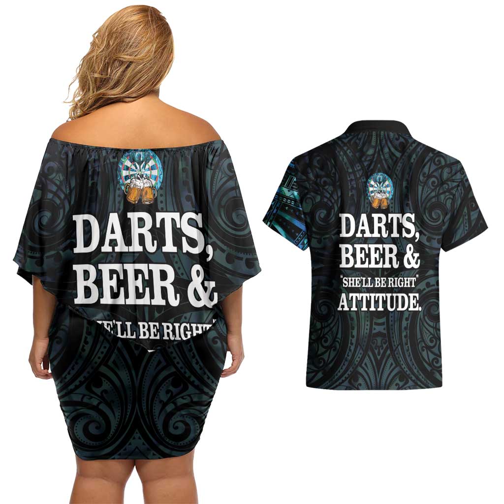Personalized New Zealand Darts Beer Couples Matching Off Shoulder Short Dress and Hawaiian Shirt Paua Shell Aotearoa Maori Tattoo - Aussie Hoodie