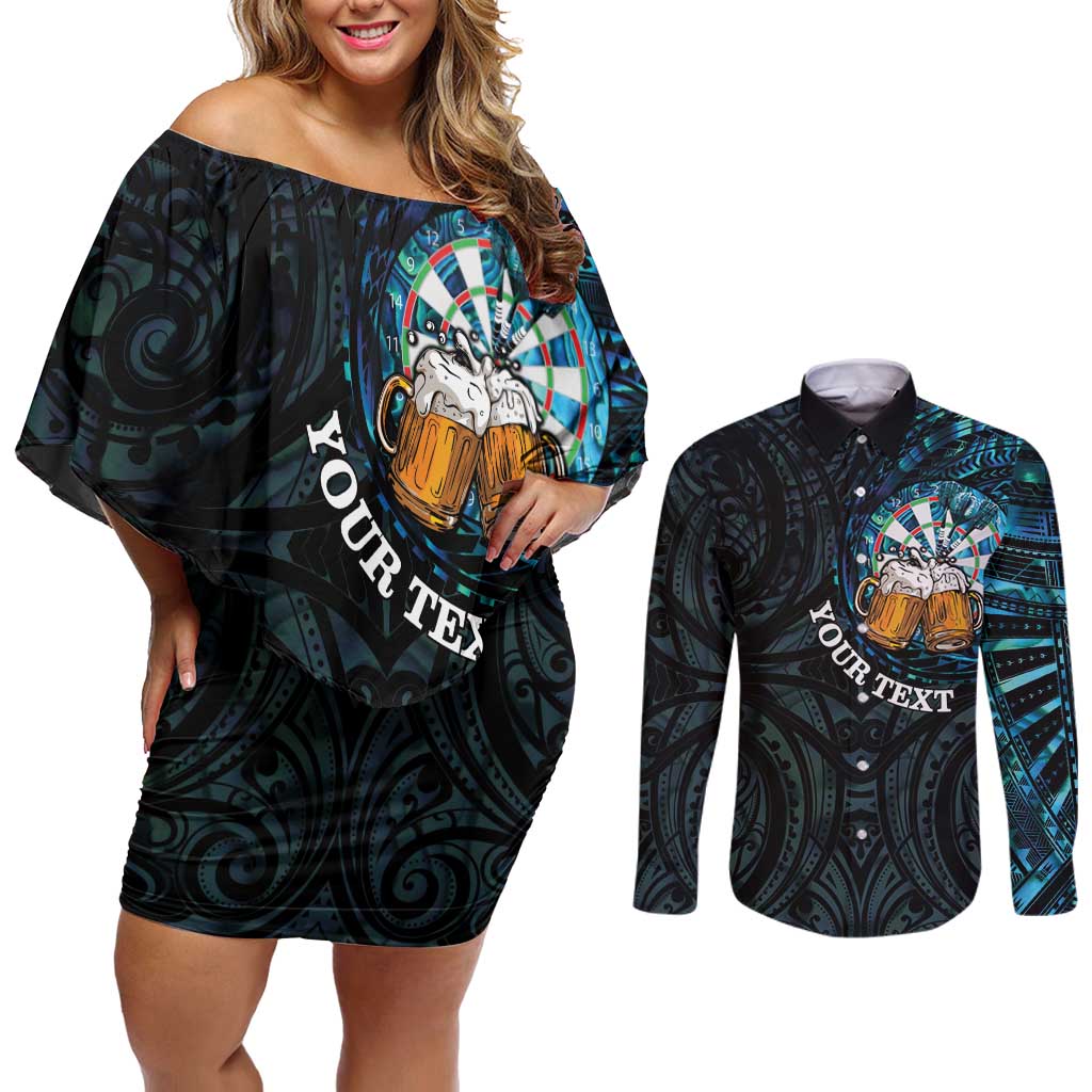 Personalized New Zealand Darts Beer Couples Matching Off Shoulder Short Dress and Long Sleeve Button Shirt Paua Shell Aotearoa Maori Tattoo - Aussie Hoodie