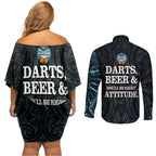 Personalized New Zealand Darts Beer Couples Matching Off Shoulder Short Dress and Long Sleeve Button Shirt Paua Shell Aotearoa Maori Tattoo - Aussie Hoodie