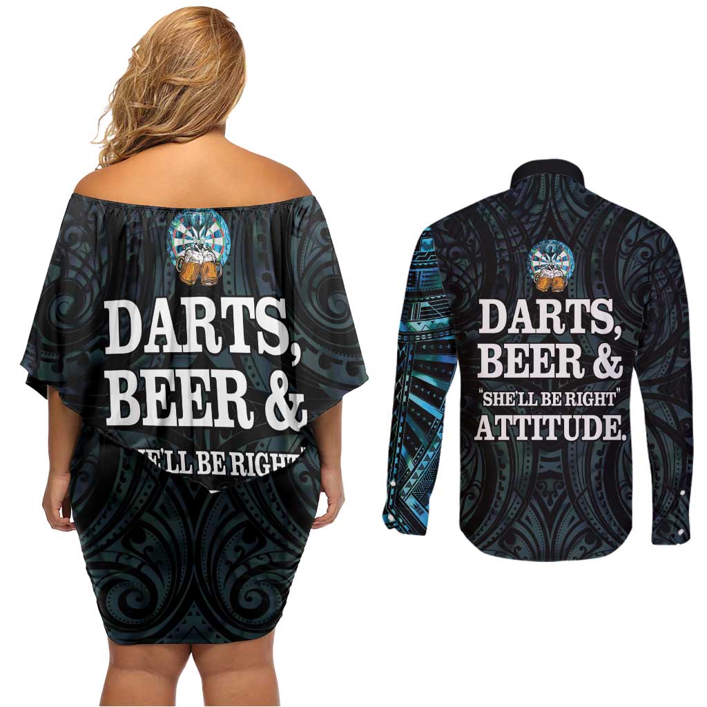 Personalized New Zealand Darts Beer Couples Matching Off Shoulder Short Dress and Long Sleeve Button Shirt Paua Shell Aotearoa Maori Tattoo - Aussie Hoodie