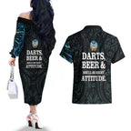 Personalized New Zealand Darts Beer Couples Matching Off The Shoulder Long Sleeve Dress and Hawaiian Shirt Paua Shell Aotearoa Maori Tattoo - Aussie Hoodie