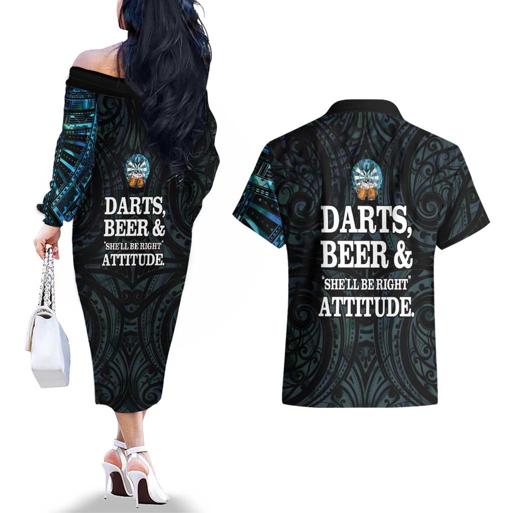 Personalized New Zealand Darts Beer Couples Matching Off The Shoulder Long Sleeve Dress and Hawaiian Shirt Paua Shell Aotearoa Maori Tattoo - Aussie Hoodie