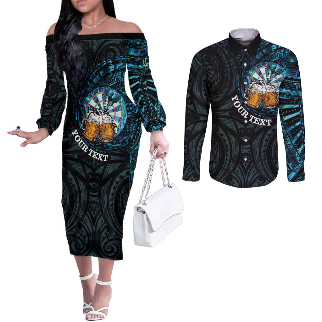 Personalized New Zealand Darts Beer Couples Matching Off The Shoulder Long Sleeve Dress and Long Sleeve Button Shirt Paua Shell Aotearoa Maori Tattoo - Aussie Hoodie