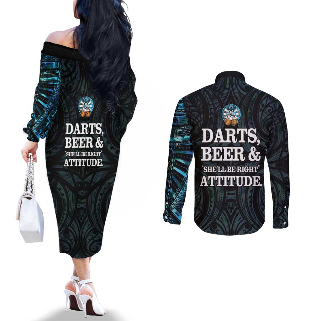 Personalized New Zealand Darts Beer Couples Matching Off The Shoulder Long Sleeve Dress and Long Sleeve Button Shirt Paua Shell Aotearoa Maori Tattoo - Aussie Hoodie
