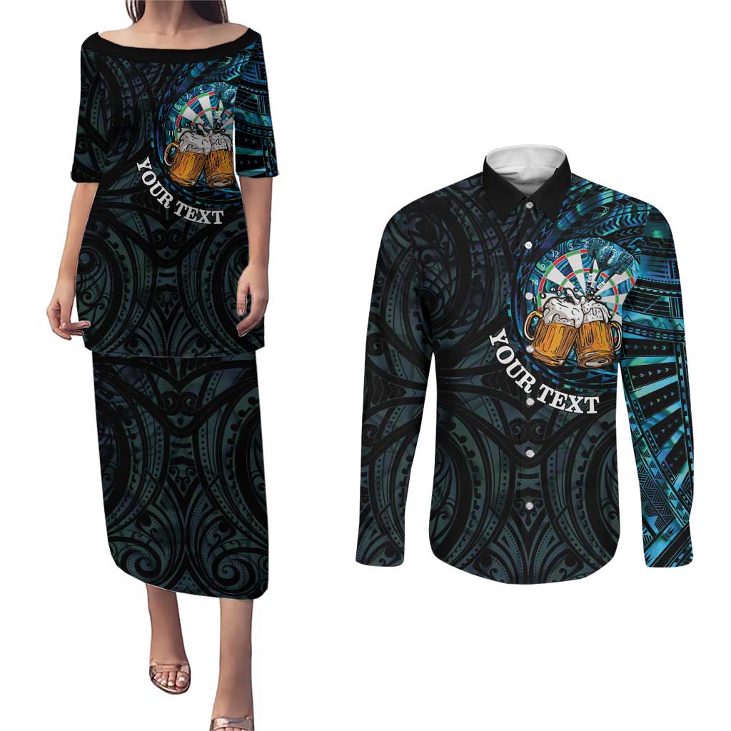 Personalized New Zealand Darts Beer Couples Matching Puletasi and Long Sleeve Button Shirt Paua Shell Aotearoa Maori Tattoo - Aussie Hoodie