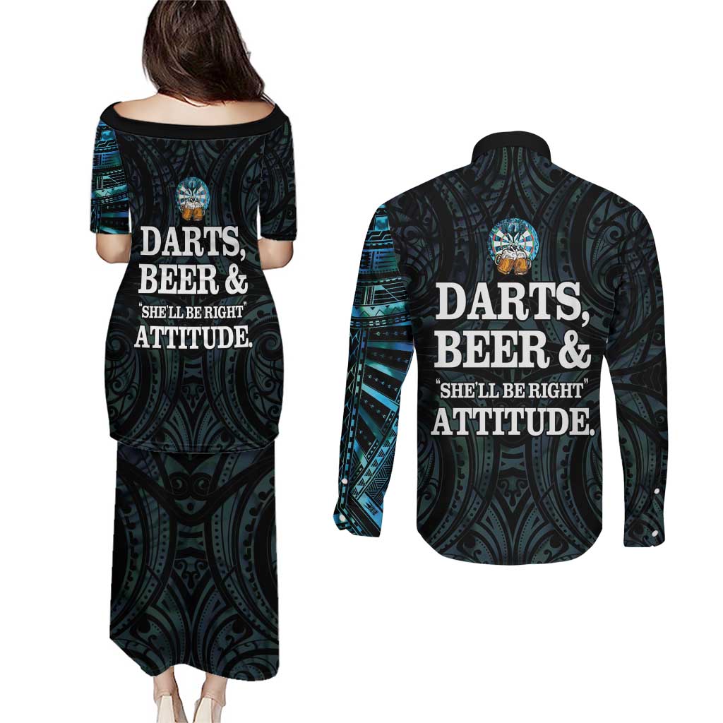 Personalized New Zealand Darts Beer Couples Matching Puletasi and Long Sleeve Button Shirt Paua Shell Aotearoa Maori Tattoo - Aussie Hoodie