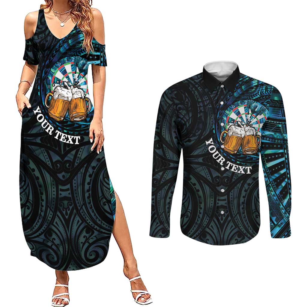 Personalized New Zealand Darts Beer Couples Matching Summer Maxi Dress and Long Sleeve Button Shirt Paua Shell Aotearoa Maori Tattoo - Aussie Hoodie