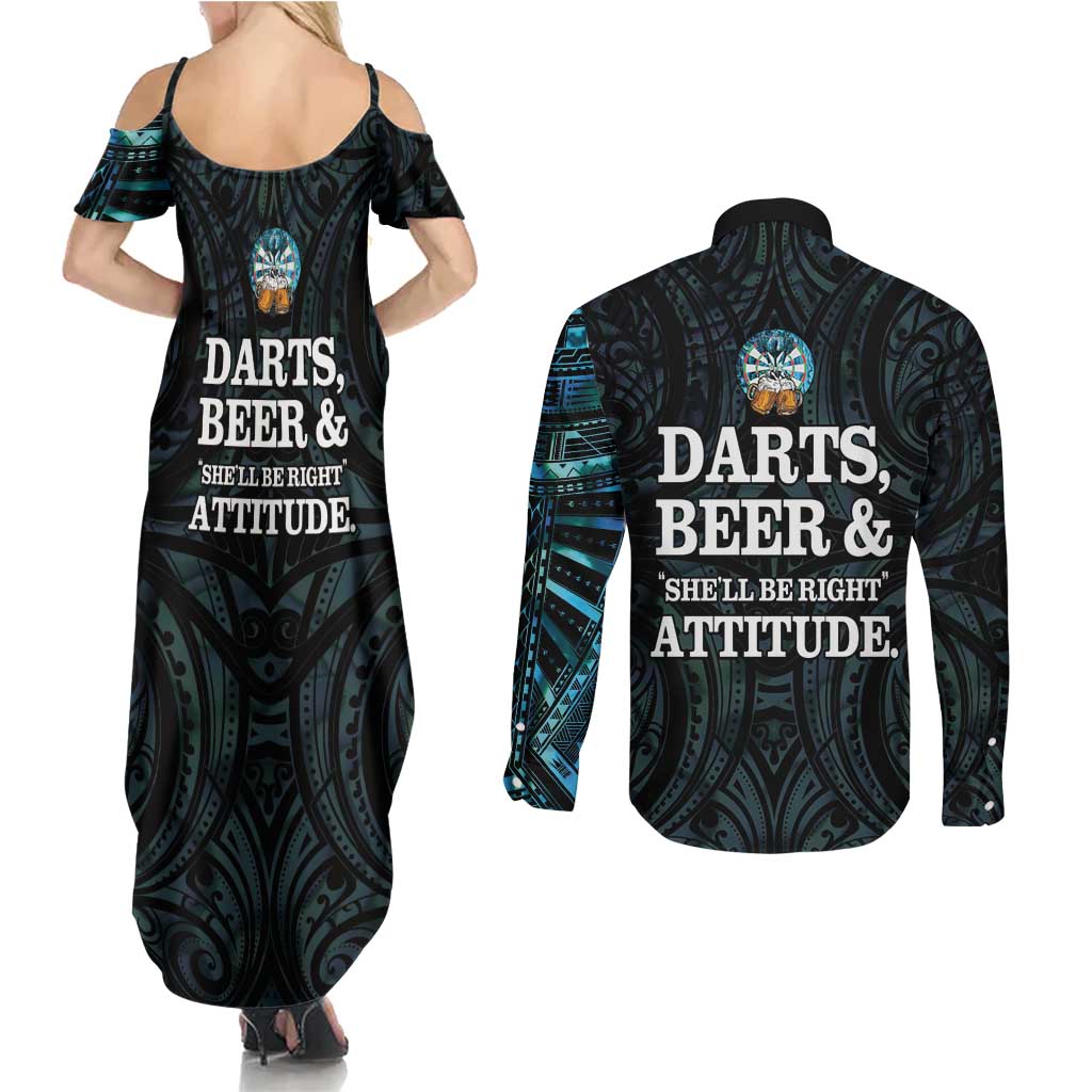 Personalized New Zealand Darts Beer Couples Matching Summer Maxi Dress and Long Sleeve Button Shirt Paua Shell Aotearoa Maori Tattoo - Aussie Hoodie