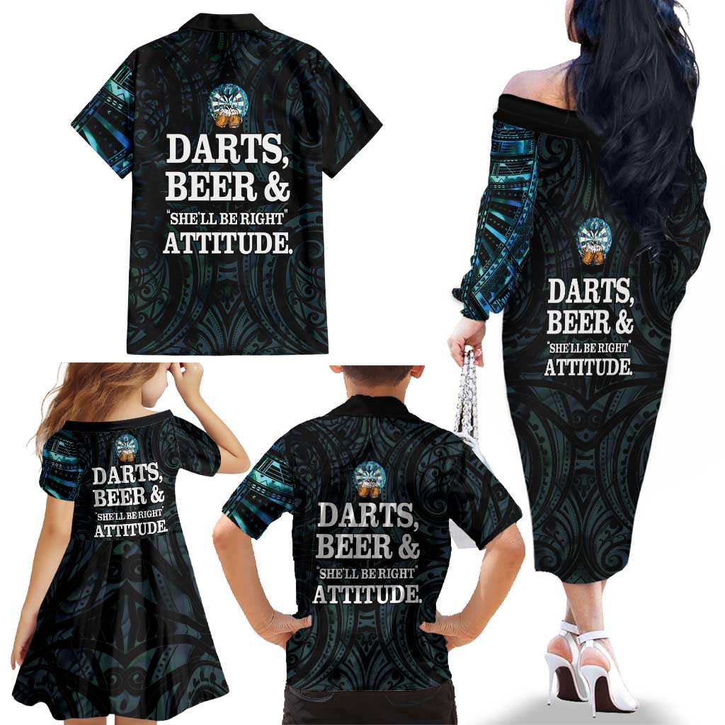 Personalized New Zealand Darts Beer Family Matching Off The Shoulder Long Sleeve Dress and Hawaiian Shirt Paua Shell Aotearoa Maori Tattoo - Aussie Hoodie