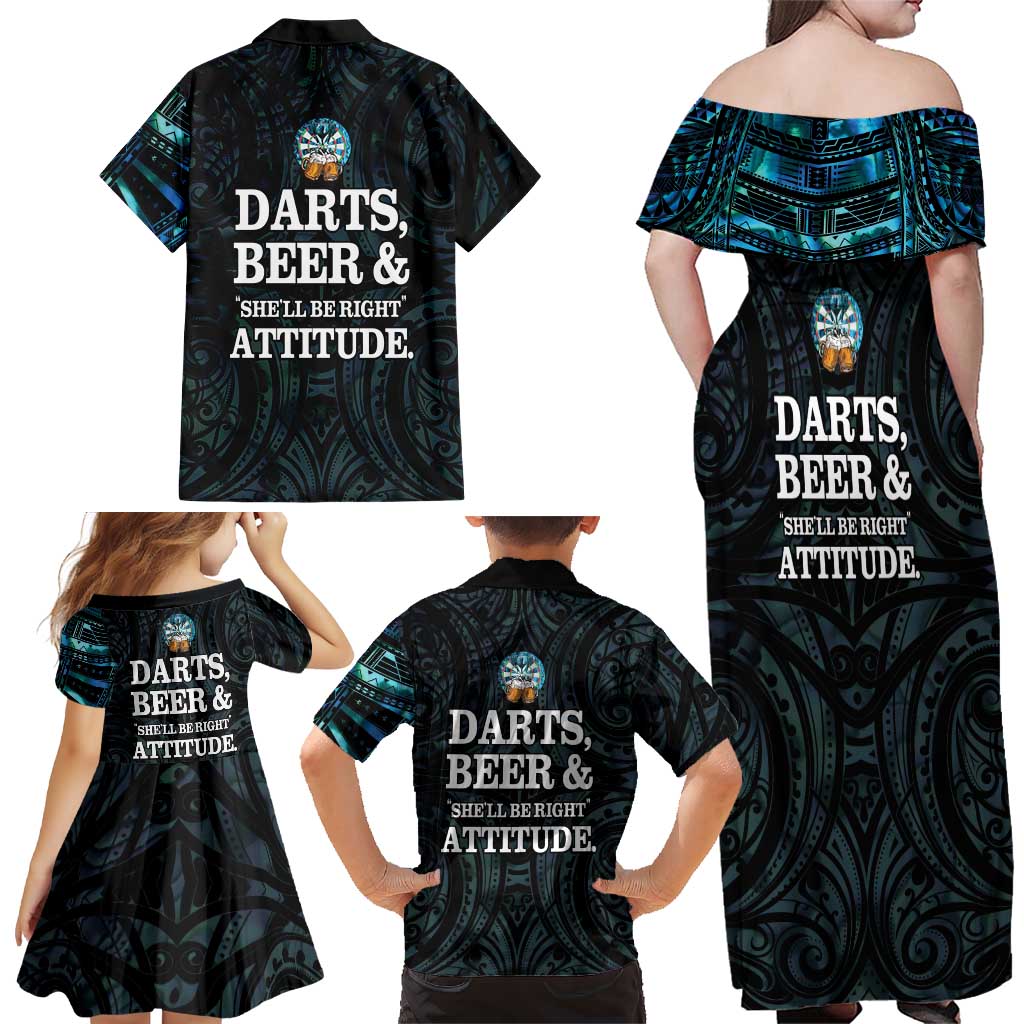 Personalized New Zealand Darts Beer Family Matching Off Shoulder Maxi Dress and Hawaiian Shirt Paua Shell Aotearoa Maori Tattoo - Aussie Hoodie