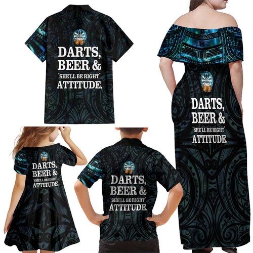 Personalized New Zealand Darts Beer Family Matching Off Shoulder Maxi Dress and Hawaiian Shirt Paua Shell Aotearoa Maori Tattoo - Aussie Hoodie