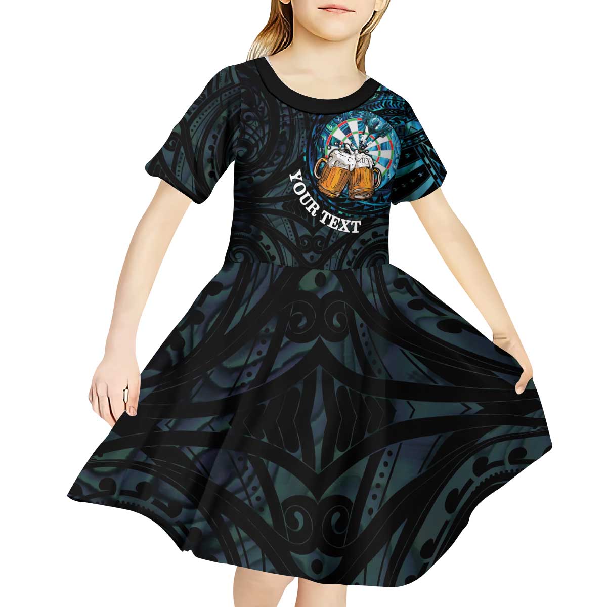 Personalized New Zealand Darts Beer Kid Short Sleeve Dress Paua Shell Aotearoa Maori Tattoo - Aussie Hoodie