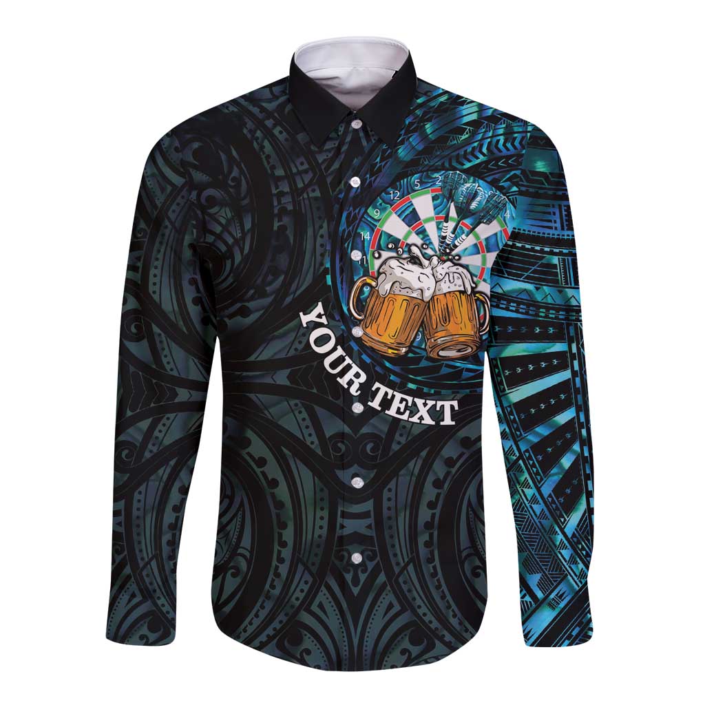 Personalized New Zealand Darts Beer Long Sleeve Button Shirt Paua Shell Aotearoa Maori Tattoo - Aussie Hoodie