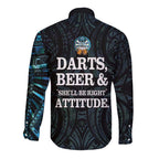 Personalized New Zealand Darts Beer Long Sleeve Button Shirt Paua Shell Aotearoa Maori Tattoo - Aussie Hoodie