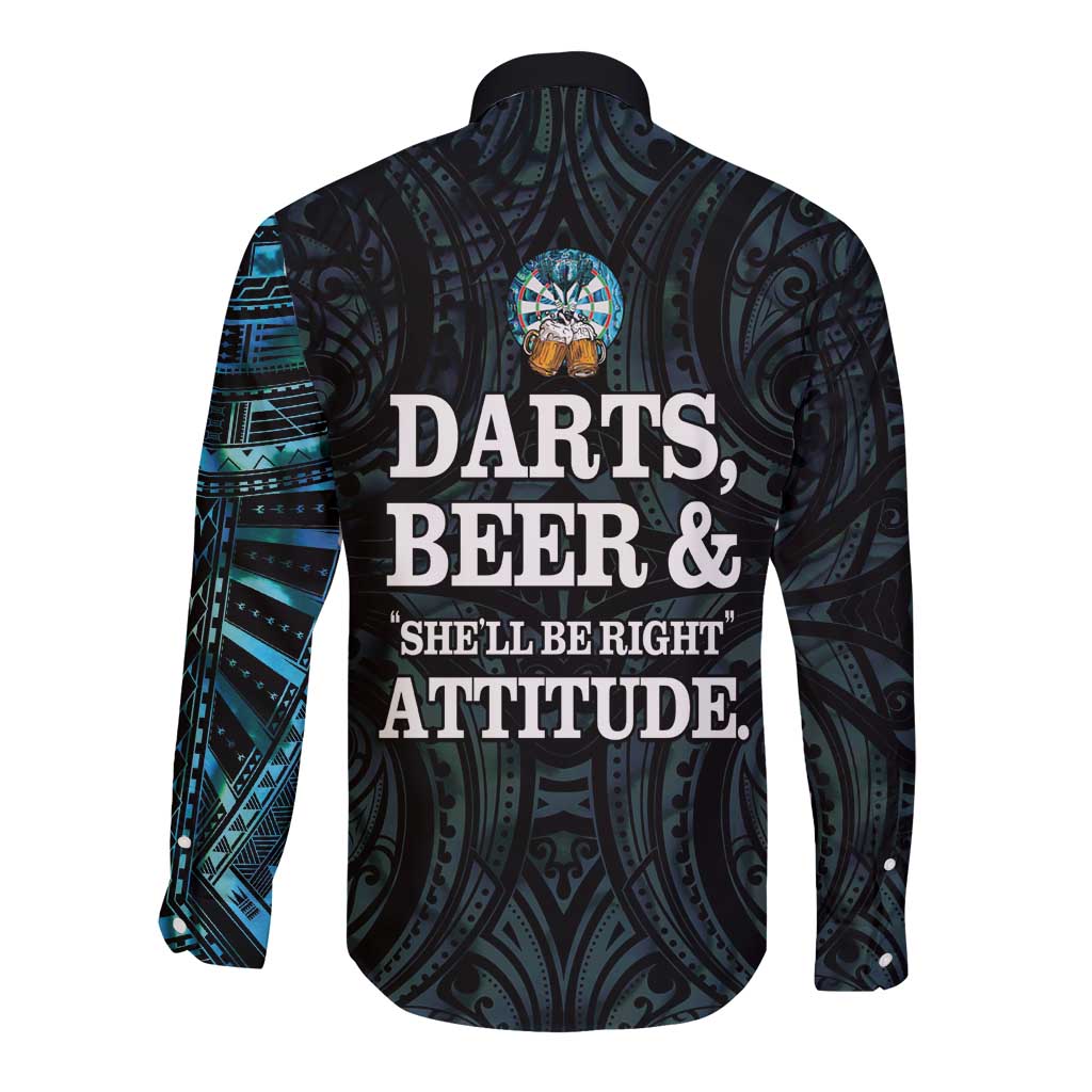Personalized New Zealand Darts Beer Long Sleeve Button Shirt Paua Shell Aotearoa Maori Tattoo - Aussie Hoodie