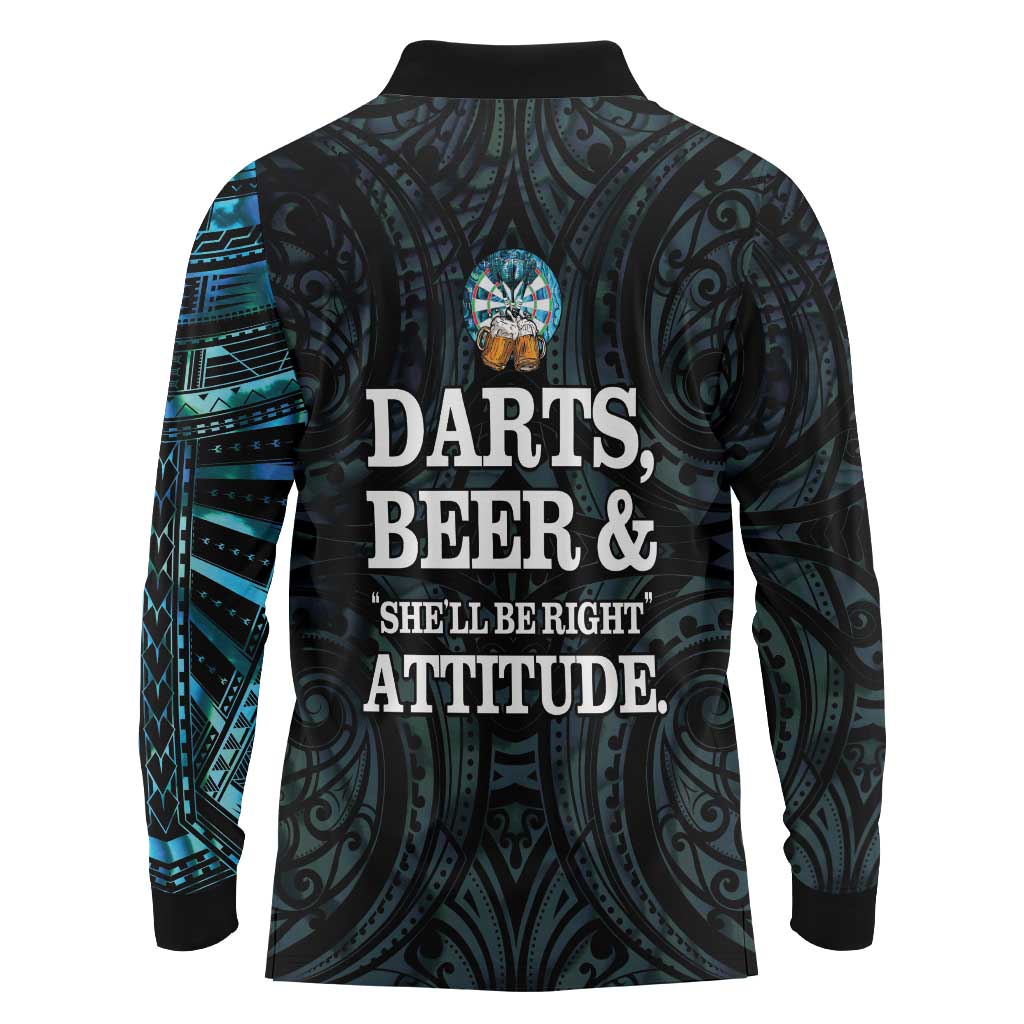 Personalized New Zealand Darts Beer Long Sleeve Polo Shirt Paua Shell Aotearoa Maori Tattoo - Aussie Hoodie