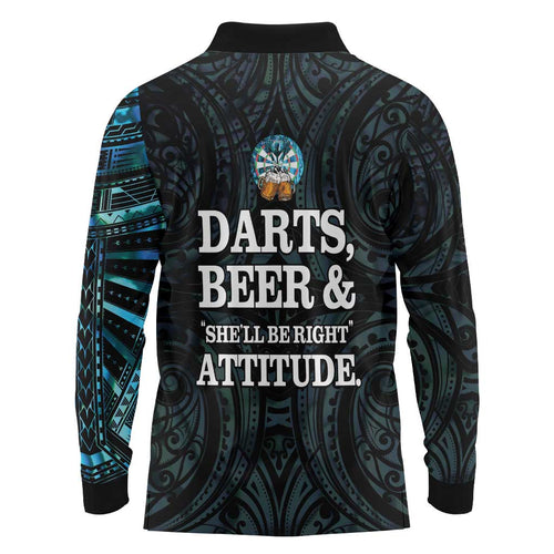 Personalized New Zealand Darts Beer Long Sleeve Polo Shirt Paua Shell Aotearoa Maori Tattoo - Aussie Hoodie