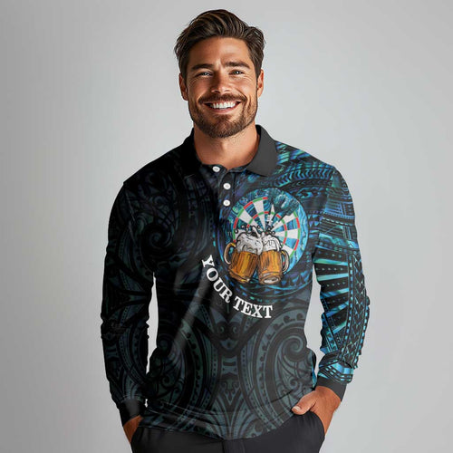 Personalized New Zealand Darts Beer Long Sleeve Polo Shirt Paua Shell Aotearoa Maori Tattoo - Aussie Hoodie