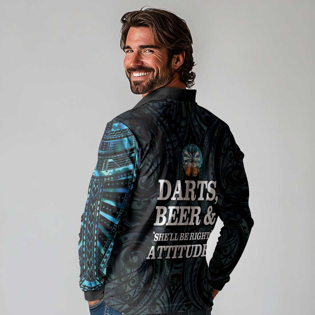 Personalized New Zealand Darts Beer Long Sleeve Polo Shirt Paua Shell Aotearoa Maori Tattoo - Aussie Hoodie