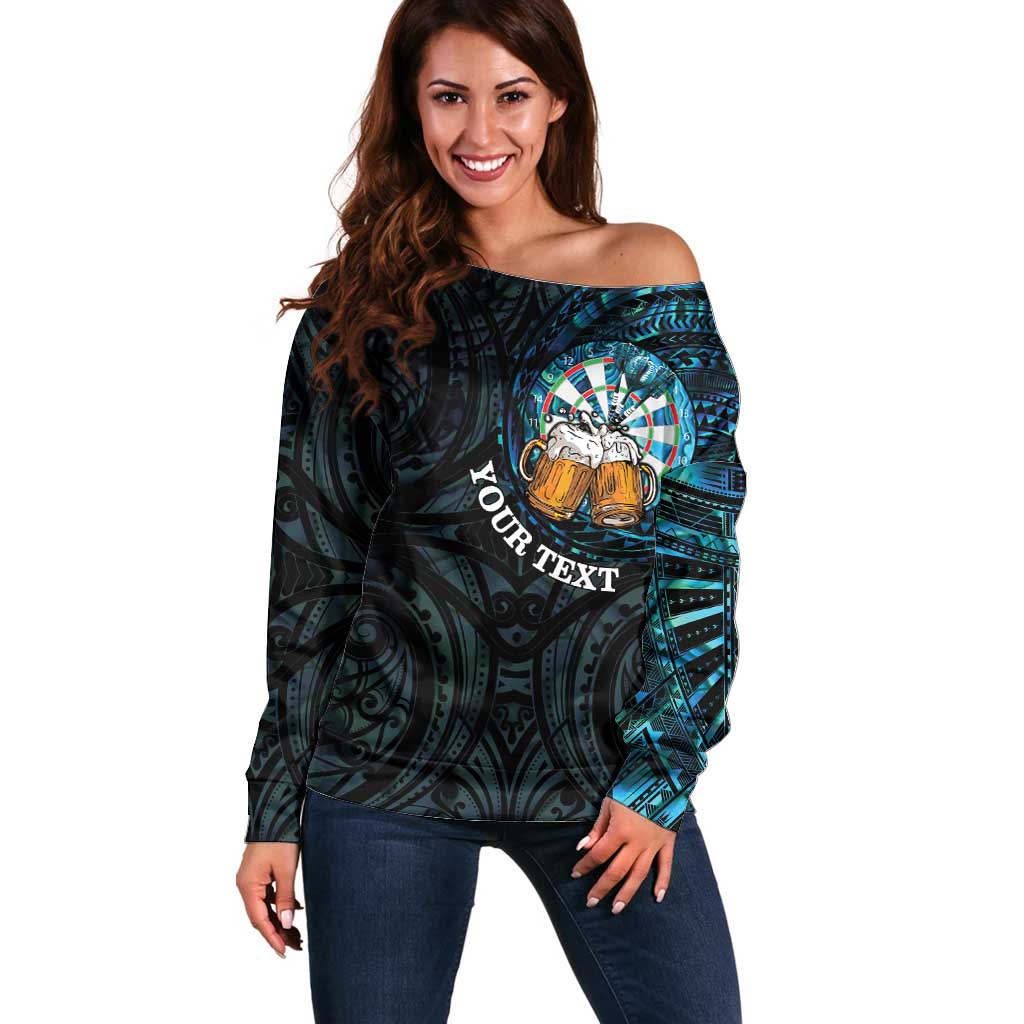 Personalized New Zealand Darts Beer Off Shoulder Sweater Paua Shell Aotearoa Maori Tattoo - Aussie Hoodie