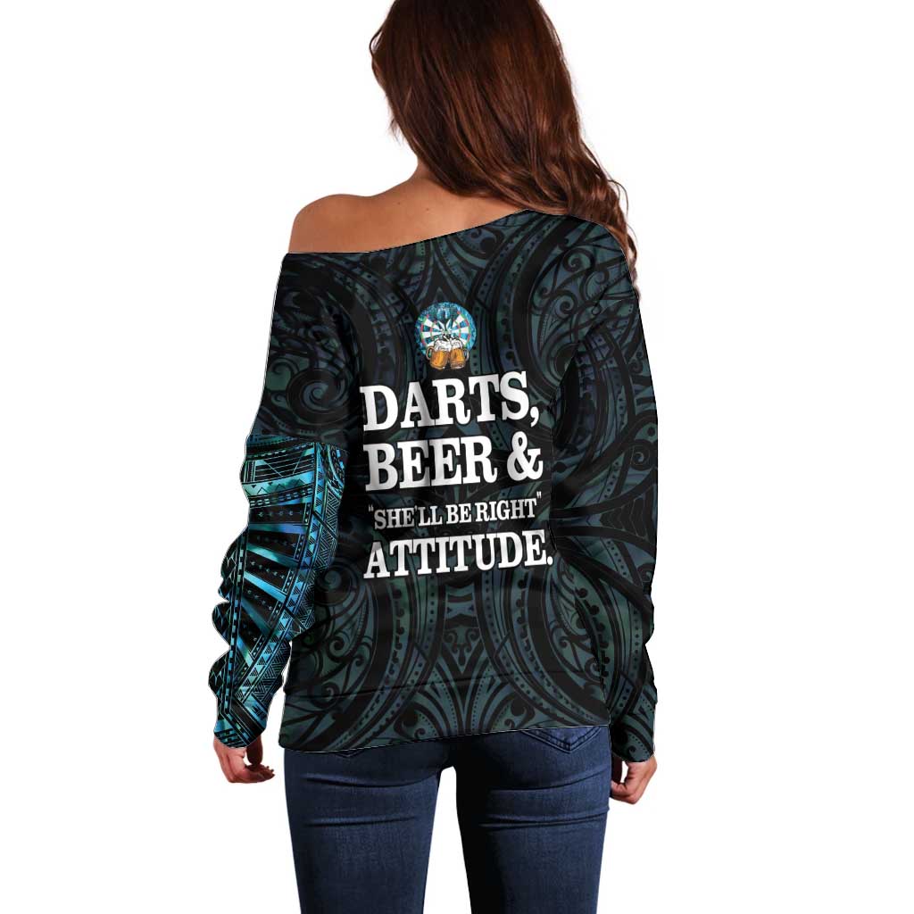 Personalized New Zealand Darts Beer Off Shoulder Sweater Paua Shell Aotearoa Maori Tattoo - Aussie Hoodie