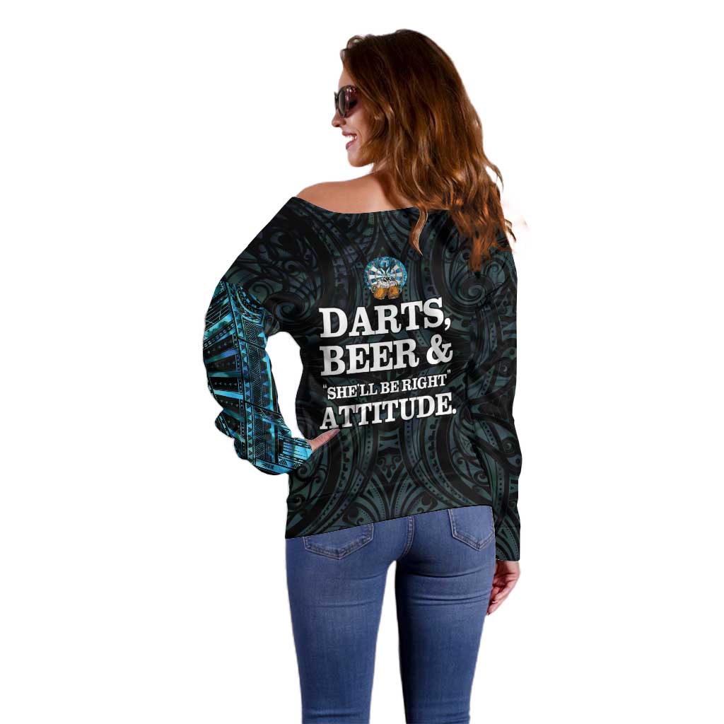 Personalized New Zealand Darts Beer Off Shoulder Sweater Paua Shell Aotearoa Maori Tattoo - Aussie Hoodie