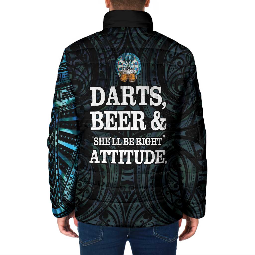 Personalized New Zealand Darts Beer Padded Jacket Paua Shell Aotearoa Maori Tattoo - Aussie Hoodie