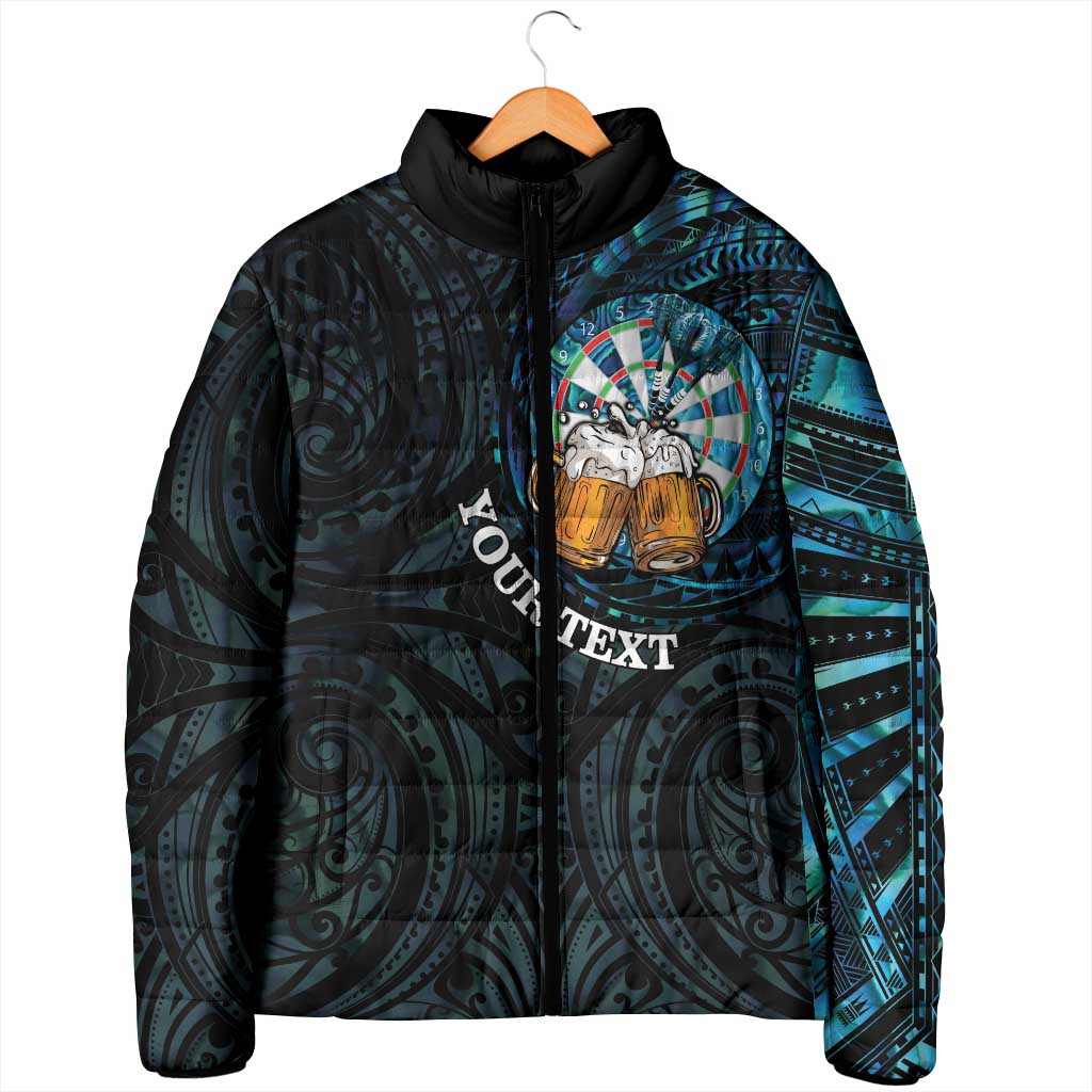 Personalized New Zealand Darts Beer Padded Jacket Paua Shell Aotearoa Maori Tattoo - Aussie Hoodie