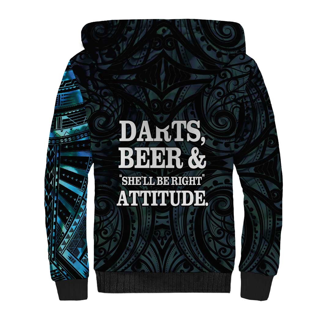 Personalized New Zealand Darts Beer Sherpa Hoodie Paua Shell Aotearoa Maori Tattoo - Aussie Hoodie