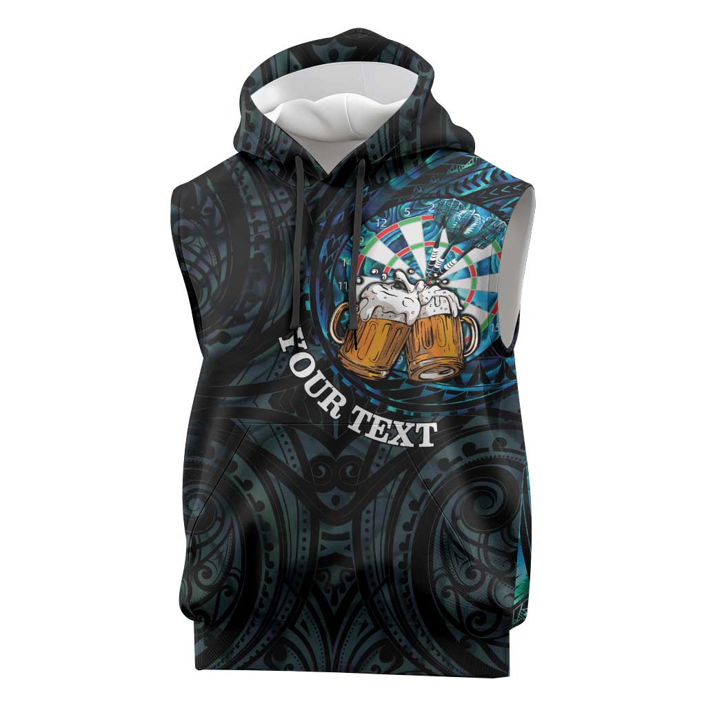 Personalized New Zealand Darts Beer Sleeveless Hoodie Paua Shell Aotearoa Maori Tattoo - Aussie Hoodie