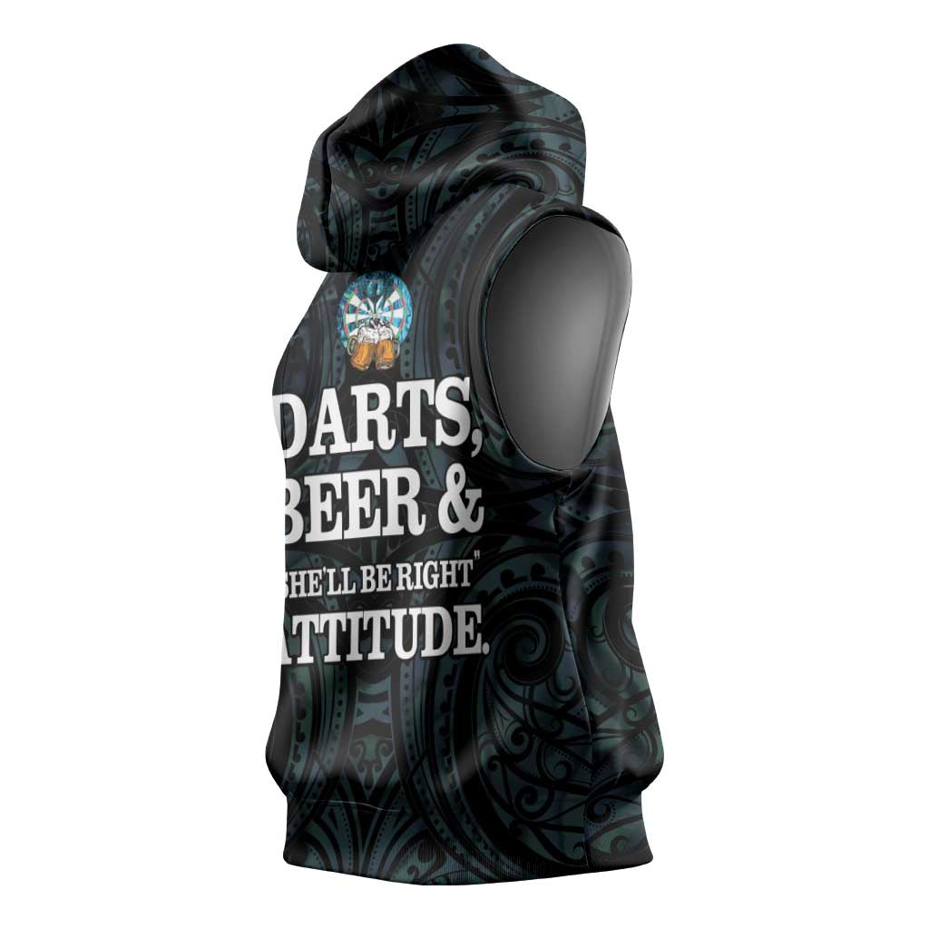 Personalized New Zealand Darts Beer Sleeveless Hoodie Paua Shell Aotearoa Maori Tattoo - Aussie Hoodie