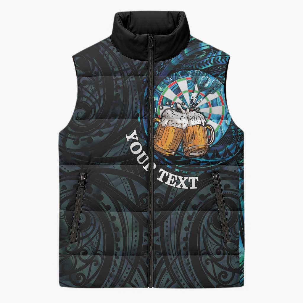Personalized New Zealand Darts Beer Sleeveless Puffer Jacket Paua Shell Aotearoa Maori Tattoo - Aussie Hoodie