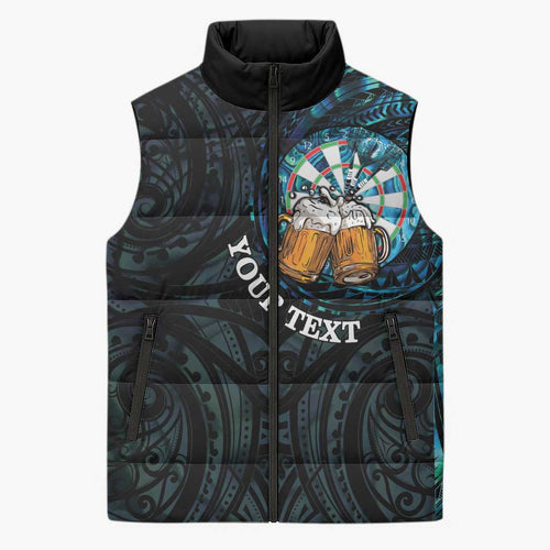 Personalized New Zealand Darts Beer Sleeveless Puffer Jacket Paua Shell Aotearoa Maori Tattoo - Aussie Hoodie