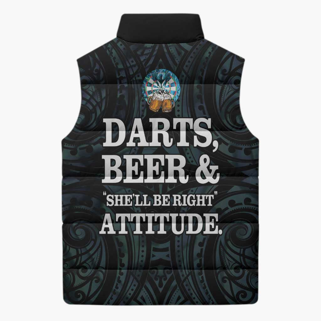Personalized New Zealand Darts Beer Sleeveless Puffer Jacket Paua Shell Aotearoa Maori Tattoo - Aussie Hoodie