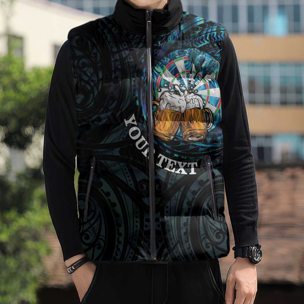 Personalized New Zealand Darts Beer Sleeveless Puffer Jacket Paua Shell Aotearoa Maori Tattoo - Aussie Hoodie