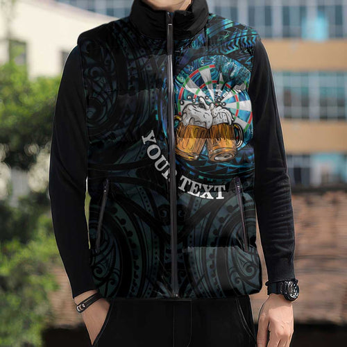 Personalized New Zealand Darts Beer Sleeveless Puffer Jacket Paua Shell Aotearoa Maori Tattoo - Aussie Hoodie