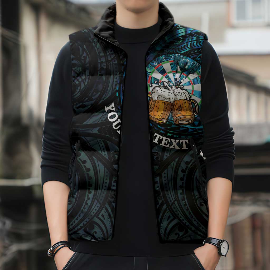 Personalized New Zealand Darts Beer Sleeveless Puffer Jacket Paua Shell Aotearoa Maori Tattoo - Aussie Hoodie
