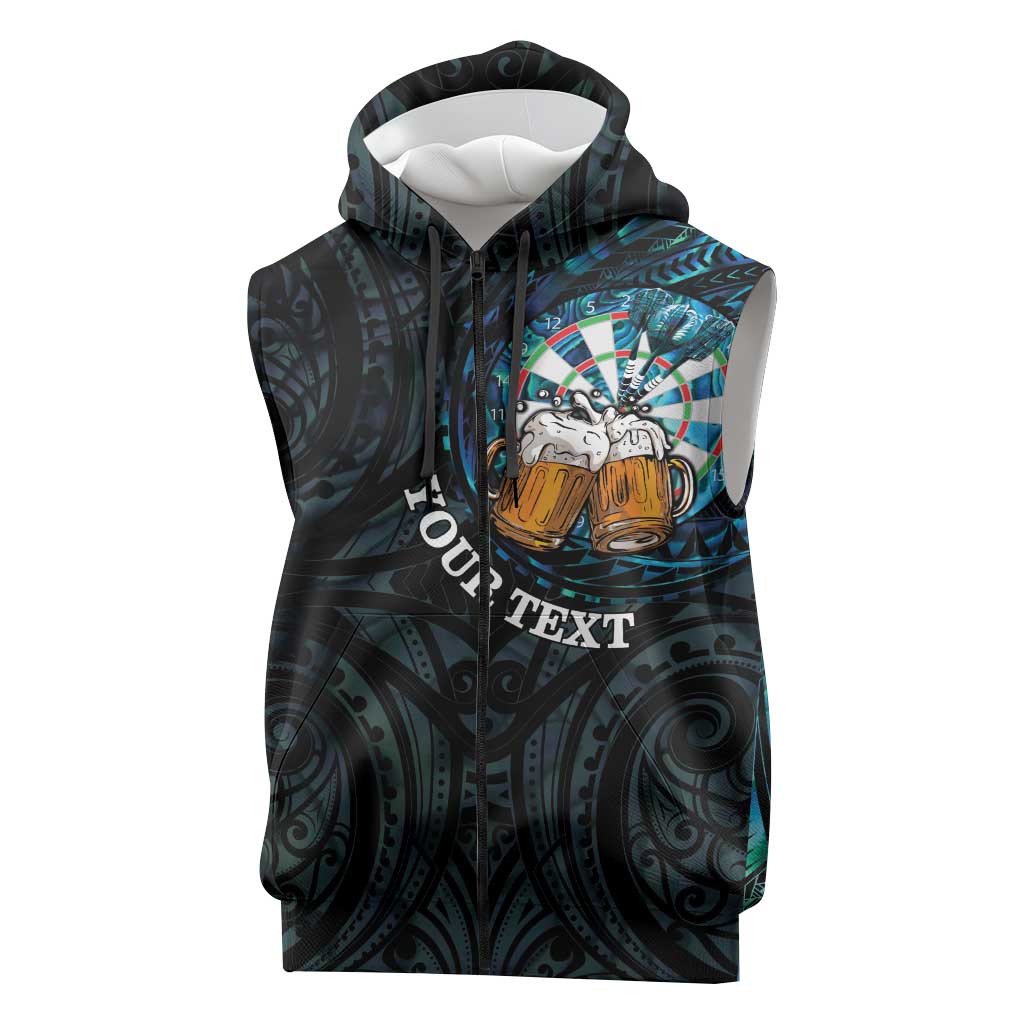 Personalized New Zealand Darts Beer Sleeveless Zip Hoodie Paua Shell Aotearoa Maori Tattoo - Aussie Hoodie