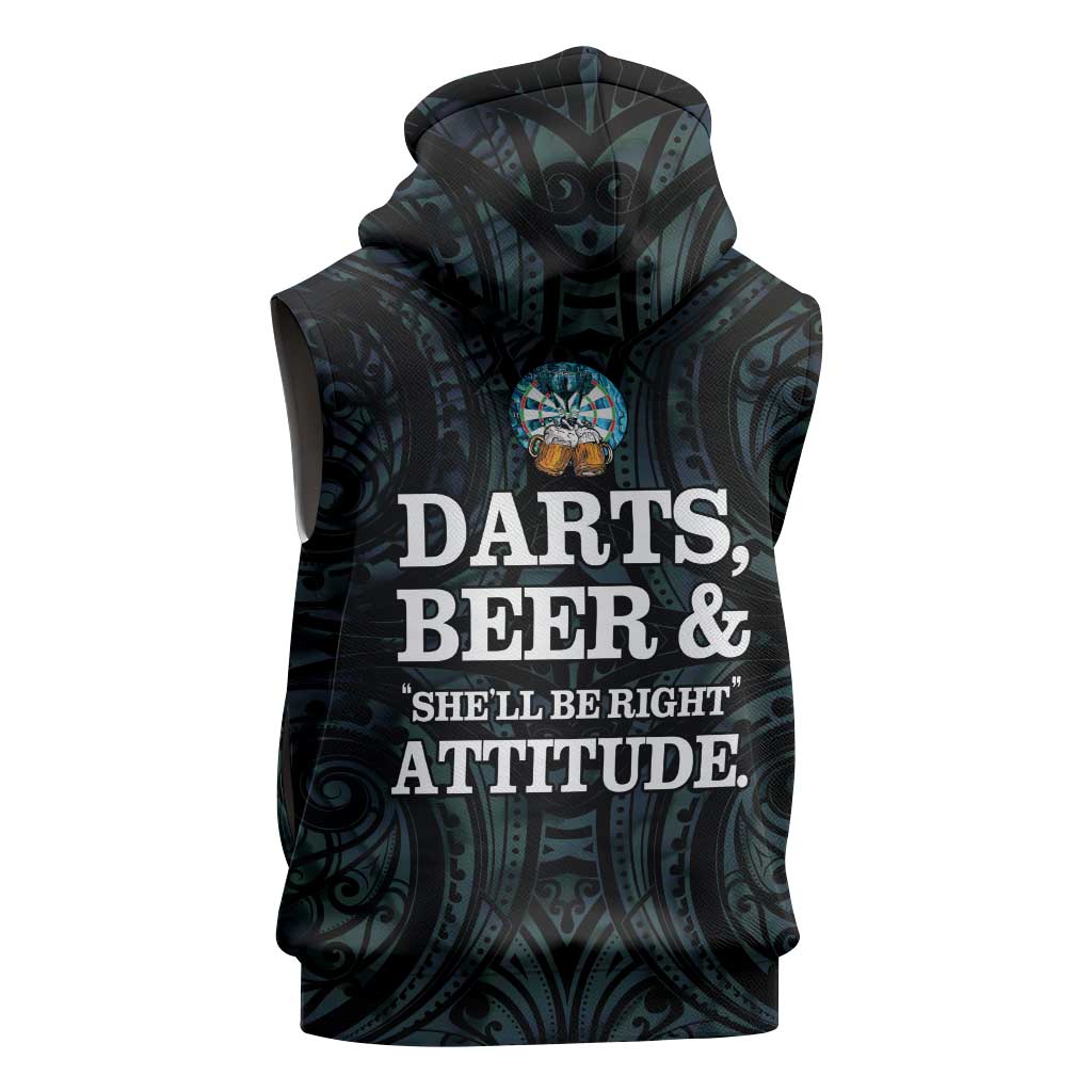 Personalized New Zealand Darts Beer Sleeveless Zip Hoodie Paua Shell Aotearoa Maori Tattoo - Aussie Hoodie