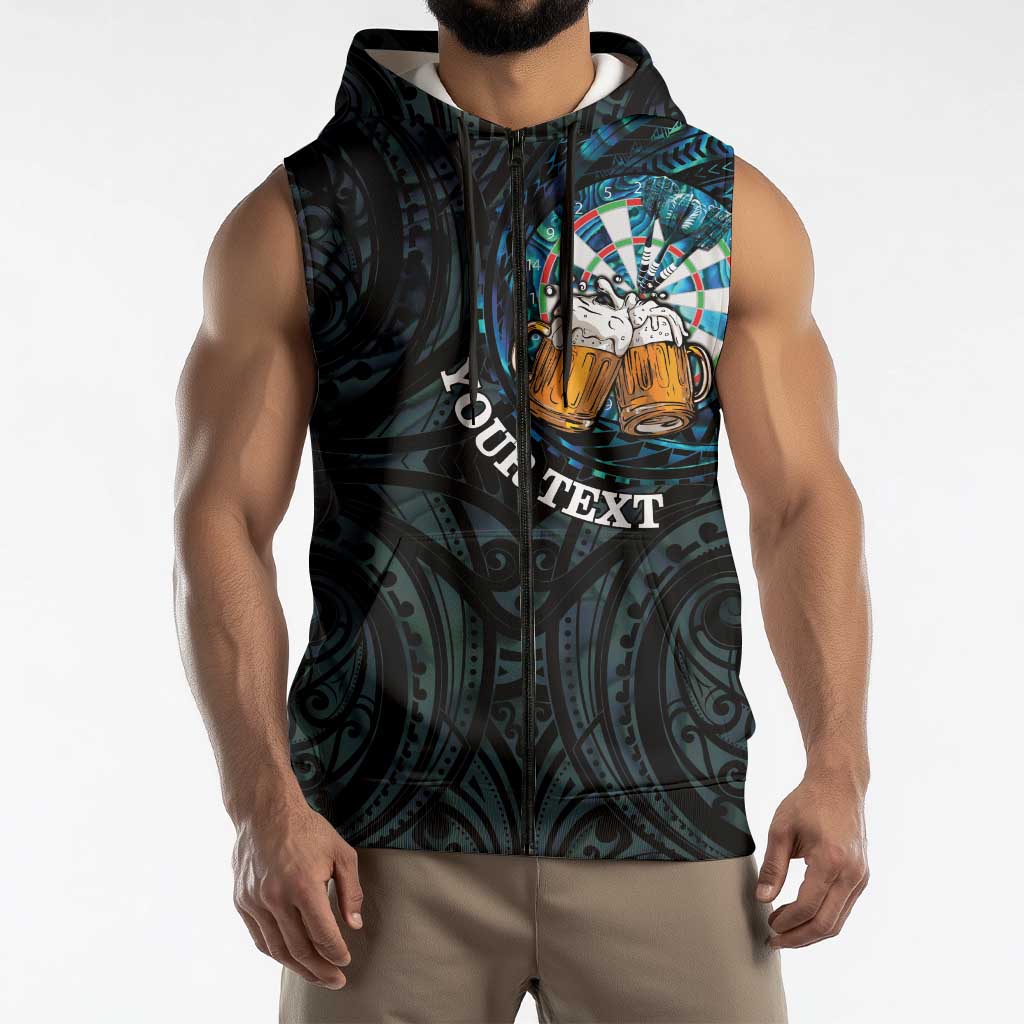 Personalized New Zealand Darts Beer Sleeveless Zip Hoodie Paua Shell Aotearoa Maori Tattoo - Aussie Hoodie