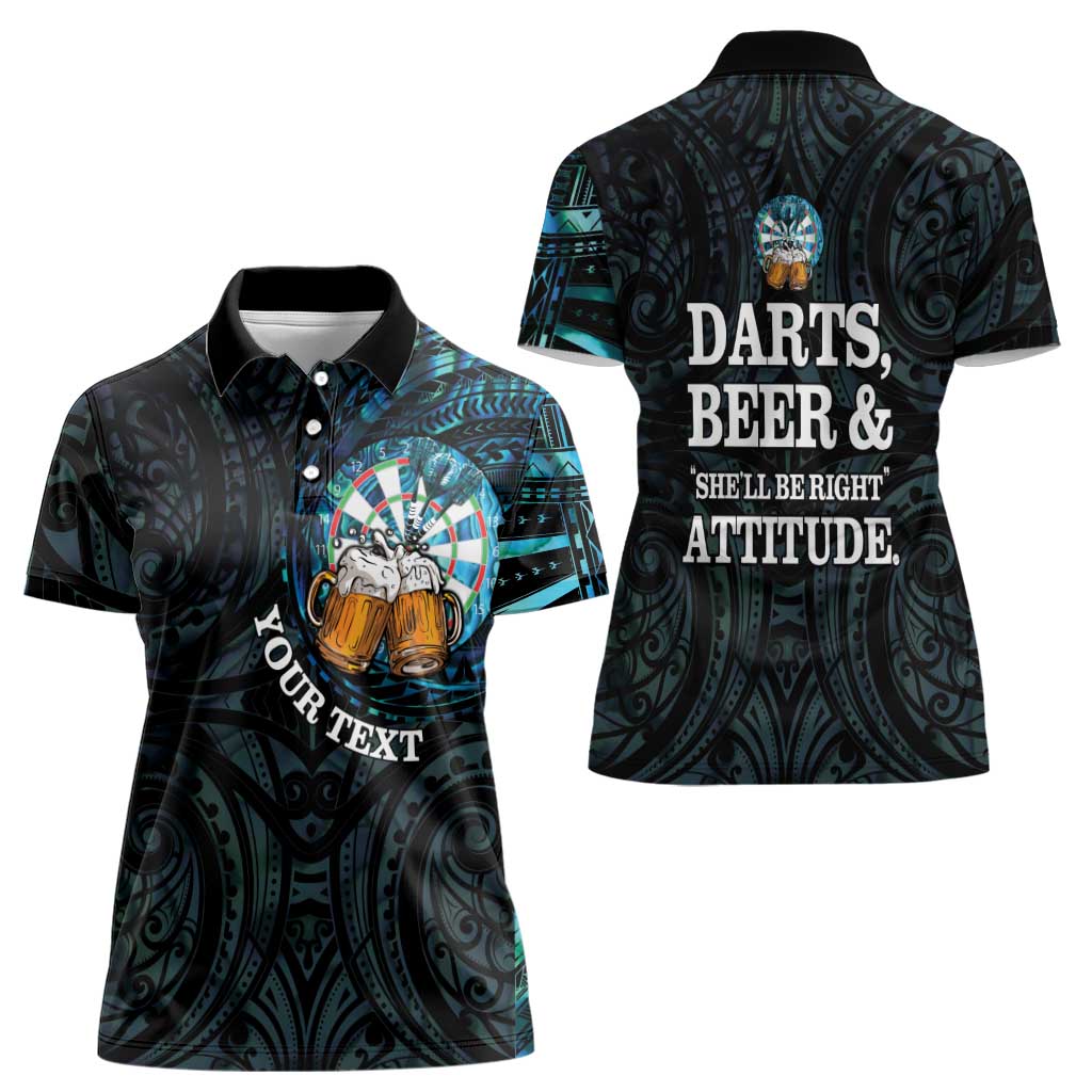 Personalized New Zealand Darts Beer Women Polo Shirt Paua Shell Aotearoa Maori Tattoo - Aussie Hoodie