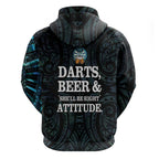 Personalized New Zealand Darts Beer Zip Hoodie Paua Shell Aotearoa Maori Tattoo - Aussie Hoodie