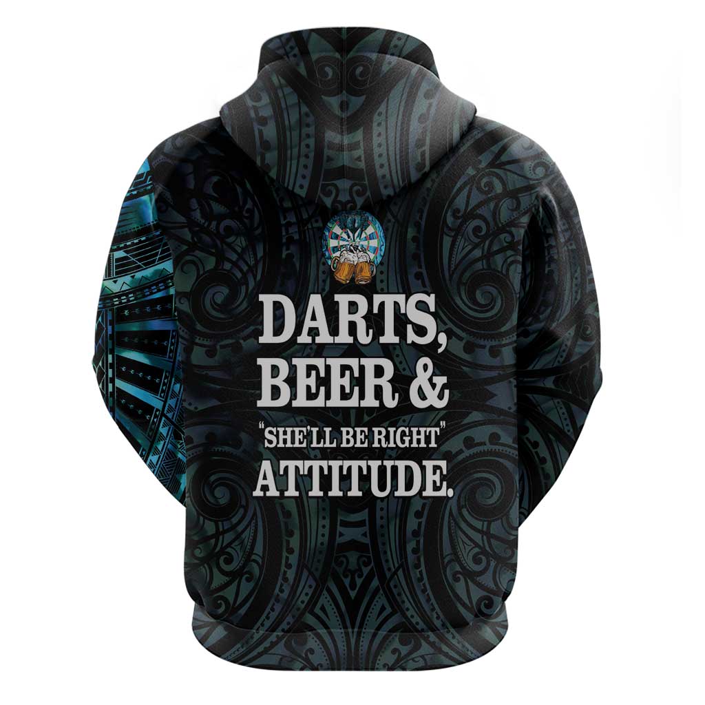 Personalized New Zealand Darts Beer Zip Hoodie Paua Shell Aotearoa Maori Tattoo - Aussie Hoodie