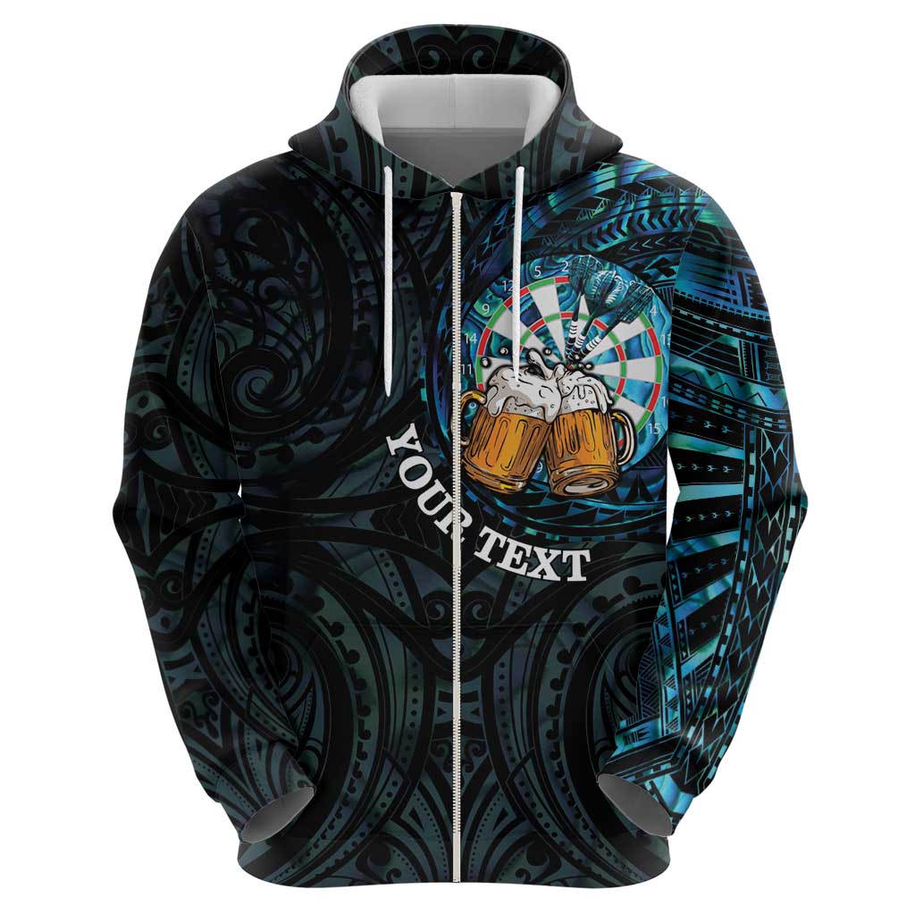 Personalized New Zealand Darts Beer Zip Hoodie Paua Shell Aotearoa Maori Tattoo - Aussie Hoodie