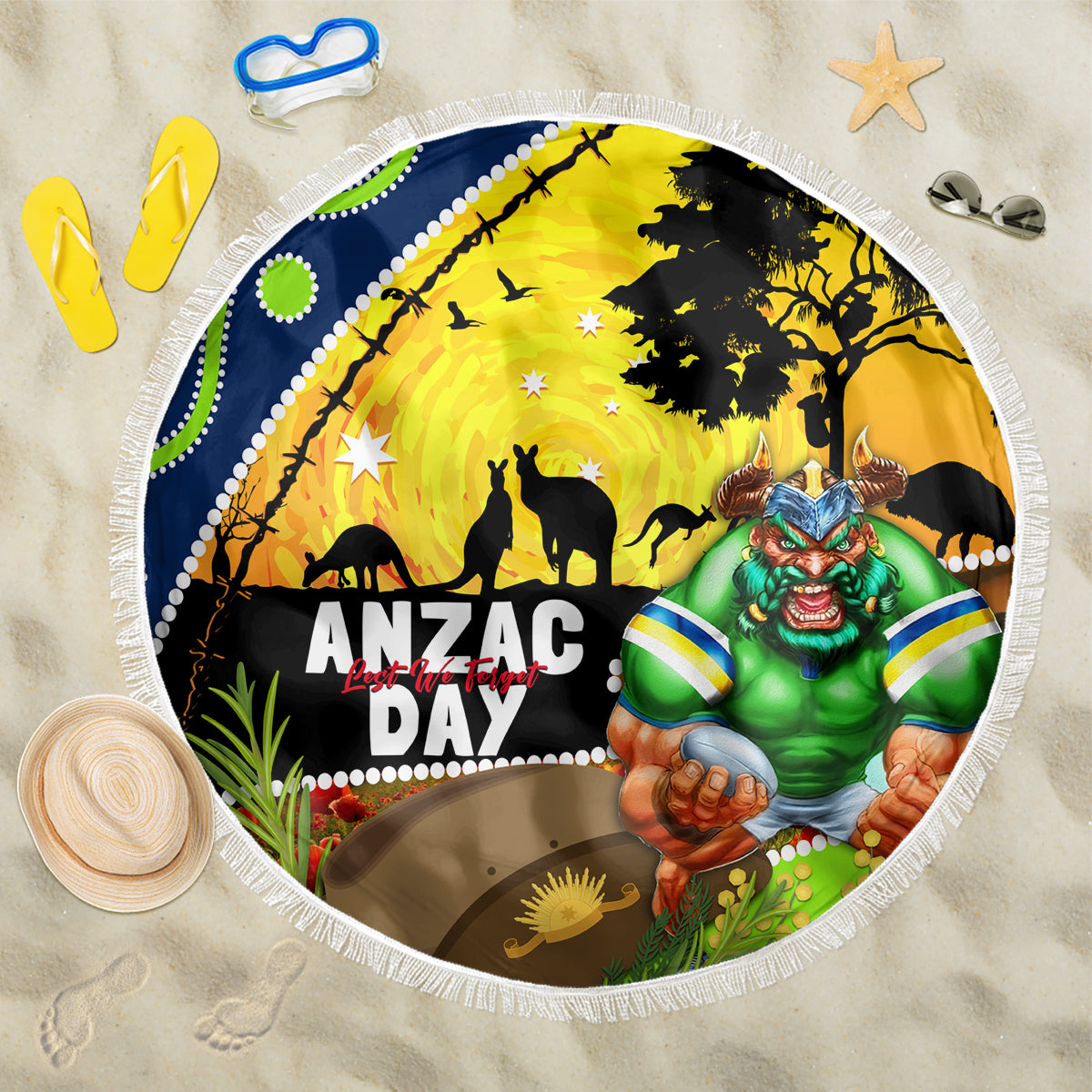 Raiders Rugby ANZAC Day Beach Blanket Green Machine Mascot Rosemary Starry Night