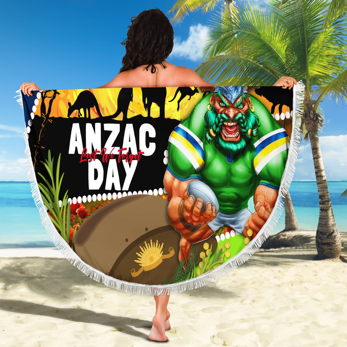 Raiders Rugby ANZAC Day Beach Blanket Green Machine Mascot Rosemary Starry Night