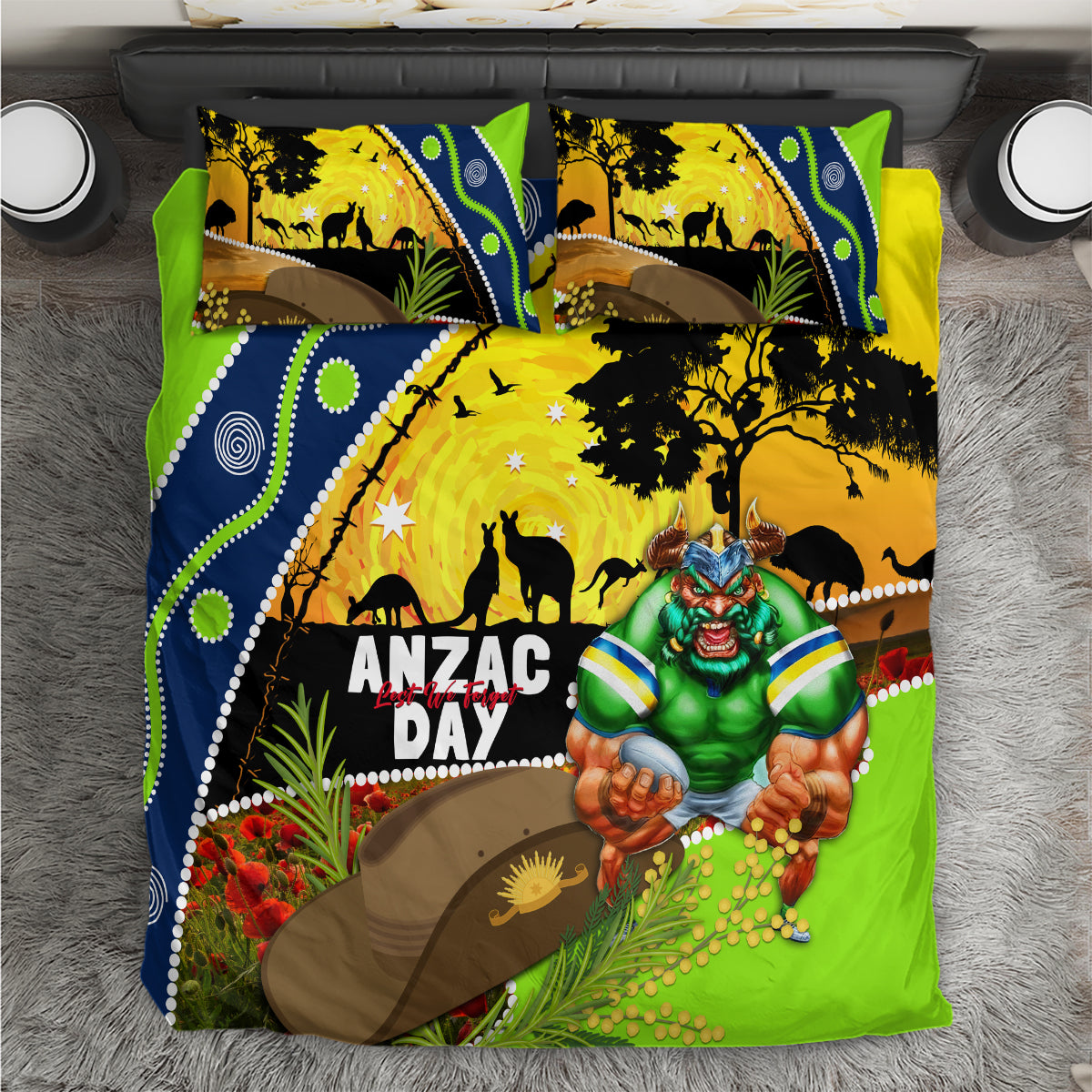 Raiders Rugby ANZAC Day Bedding Set Green Machine Mascot Rosemary Starry Night
