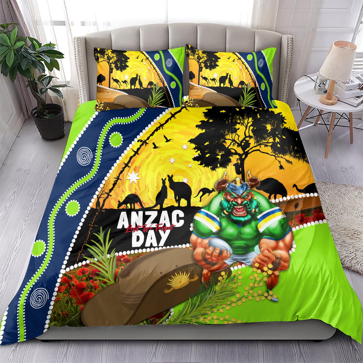 Raiders Rugby ANZAC Day Bedding Set Green Machine Mascot Rosemary Starry Night